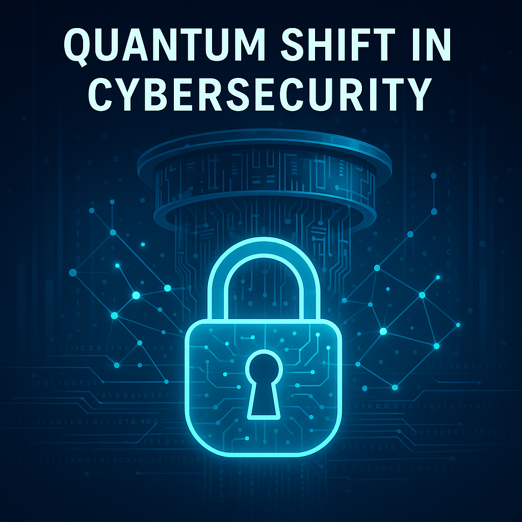 Quantum Shift in Cybersecurity – visual of quantum computer and data security lock