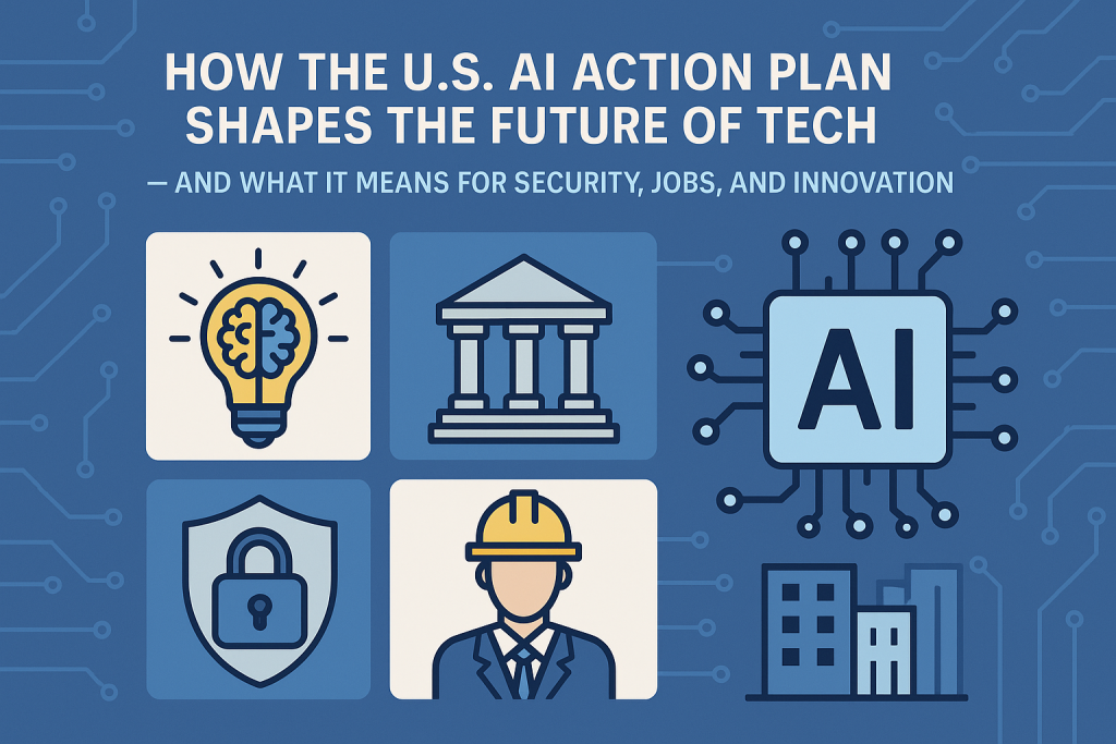 Secure by Design AI illustration showing innovation, government, cybersecurity, jobs, and artificial intelligence technology