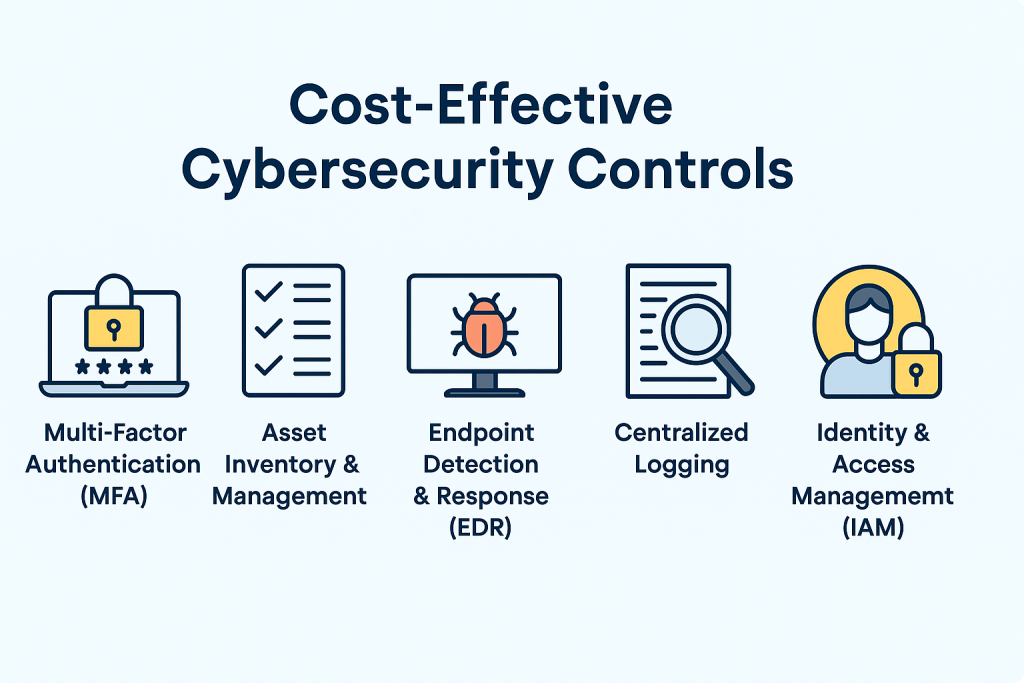 Infographic illustrating five cost-effective cybersecurity controls for small businesses, including MFA, EDR, IAM, asset inventory, and logging.