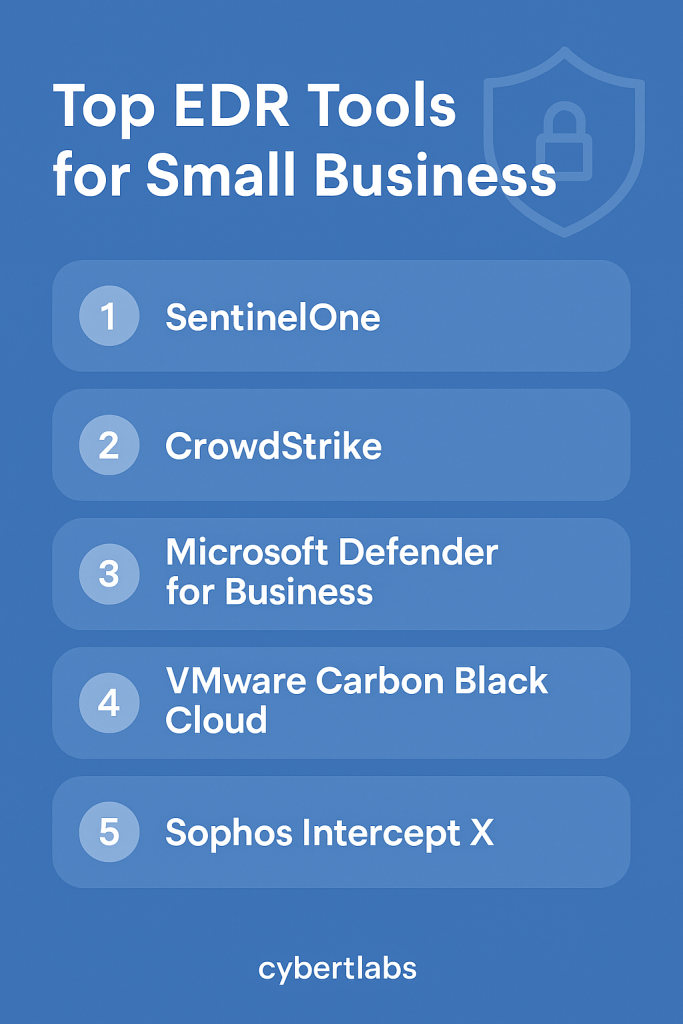 Flat design infographic titled 'Top EDR Tools for Small Business' featuring budget-friendly endpoint detection and response solutions for SMB cybersecurity.