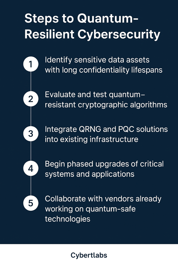 2D digital graphic illustrating steps to quantum-resilient cybersecurity including identifying long-lifespan data, testing post-quantum cryptography, and integrating QRNG solutions