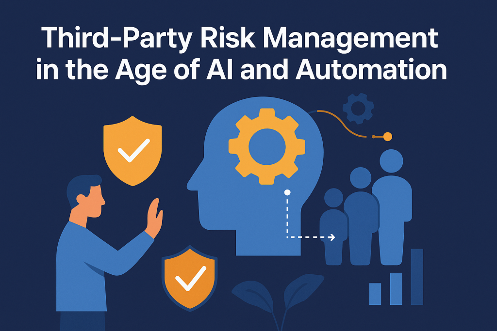 Third-party risk management in the age of AI and automation — hero graphic illustration showing AI integration with vendor security and risk monitoring.