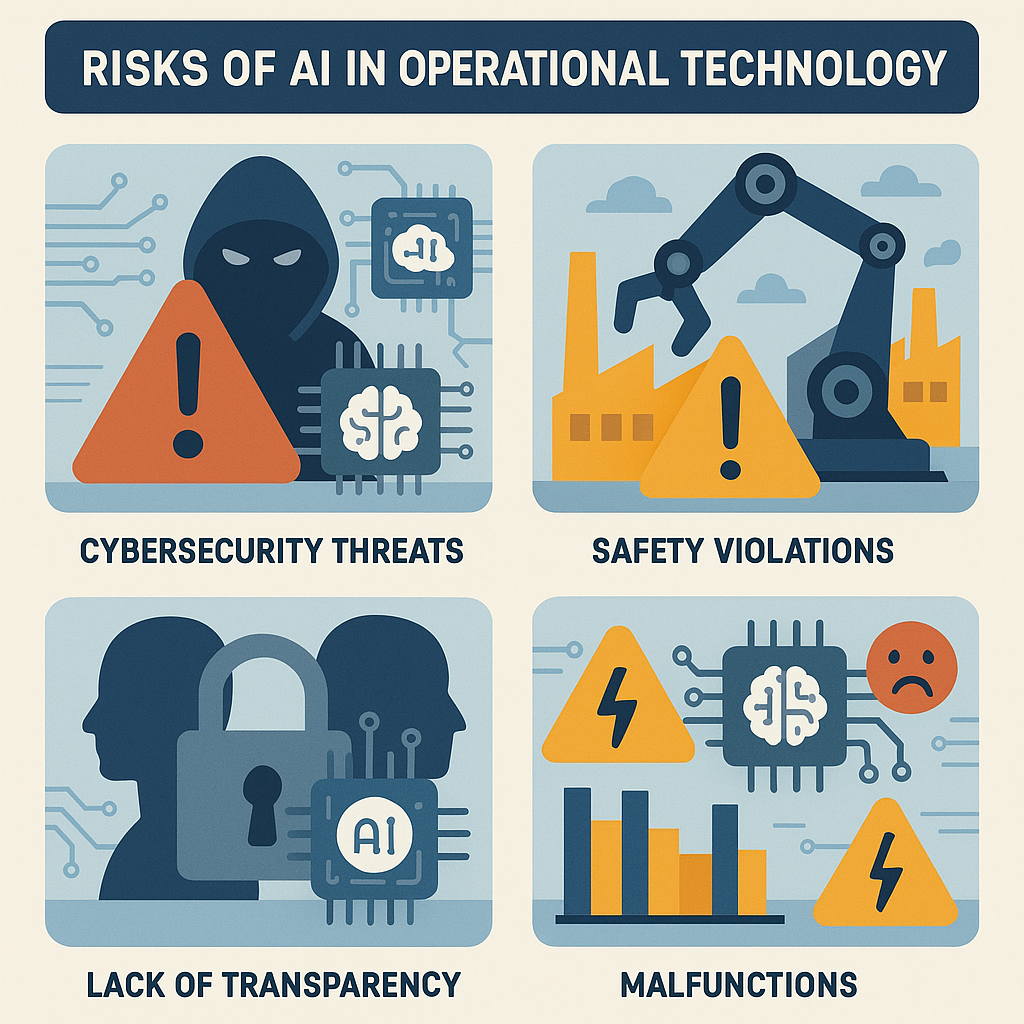 Diagram showing key cybersecurity risks of AI in operational technology systems